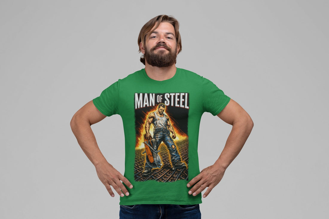 Man wearing 'Man Of Steel' graphic t-shirt